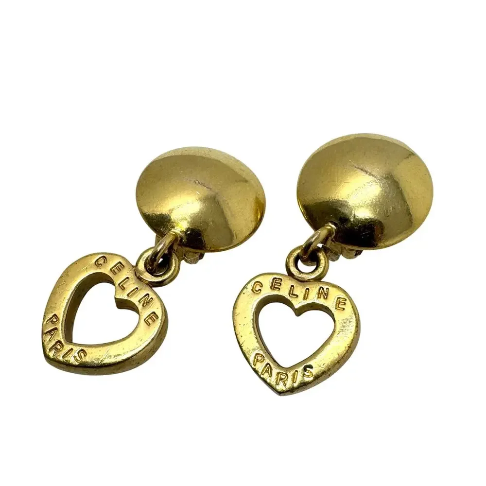 Celine Vintage Paris Heart Logo Clip-On Earrings 80’s Gold Tone Made in France